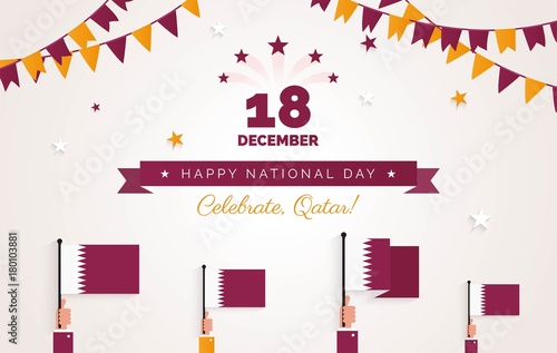 18 December. Qatar National Day greeting card.   Holiday background with waving flags, ribbon and bunting flags. Vector flat illustration