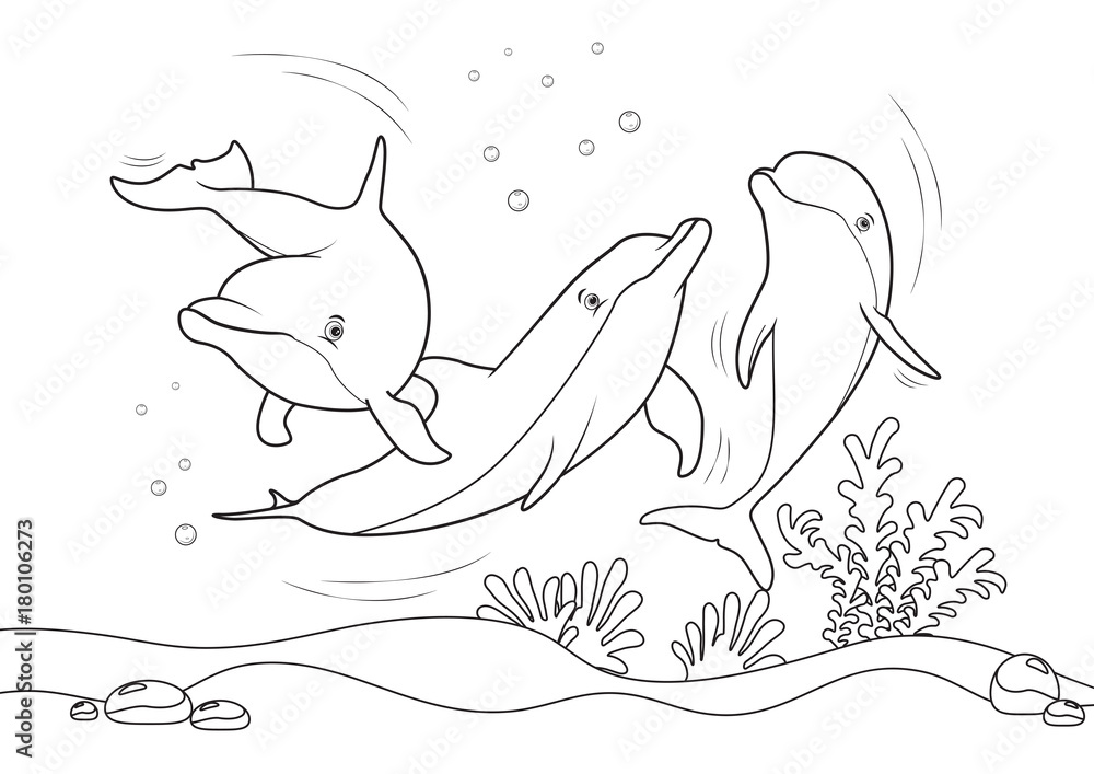 Fototapeta premium Dolphins on the sea, line illustration for coloring books