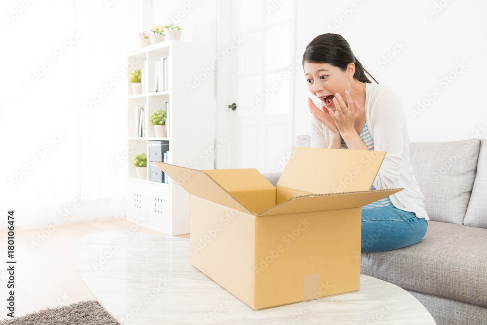 woman received parcel box having birthday gift woman received parcel box having birthday gift