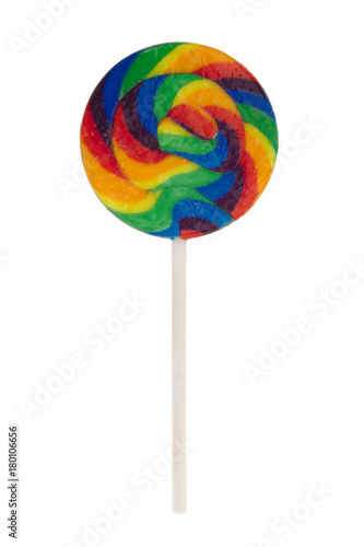A colourful round lollipop on a white background