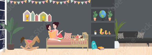 kid room interior vector illustration in dark color grey with mom and her child