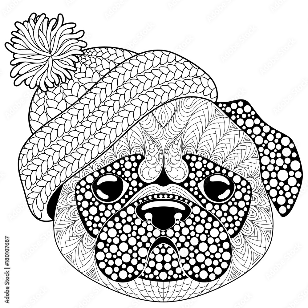 Pug dog with knitted hat. Tattoo or adult antistress coloring page. Black  and white hand drawn doodle for coloring book. Symbol of Chinese New Year  2018 vector de Stock | Adobe Stock