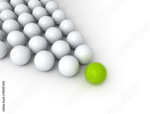 Leadership concept  green leader ball  standing out from the crowd on white background.