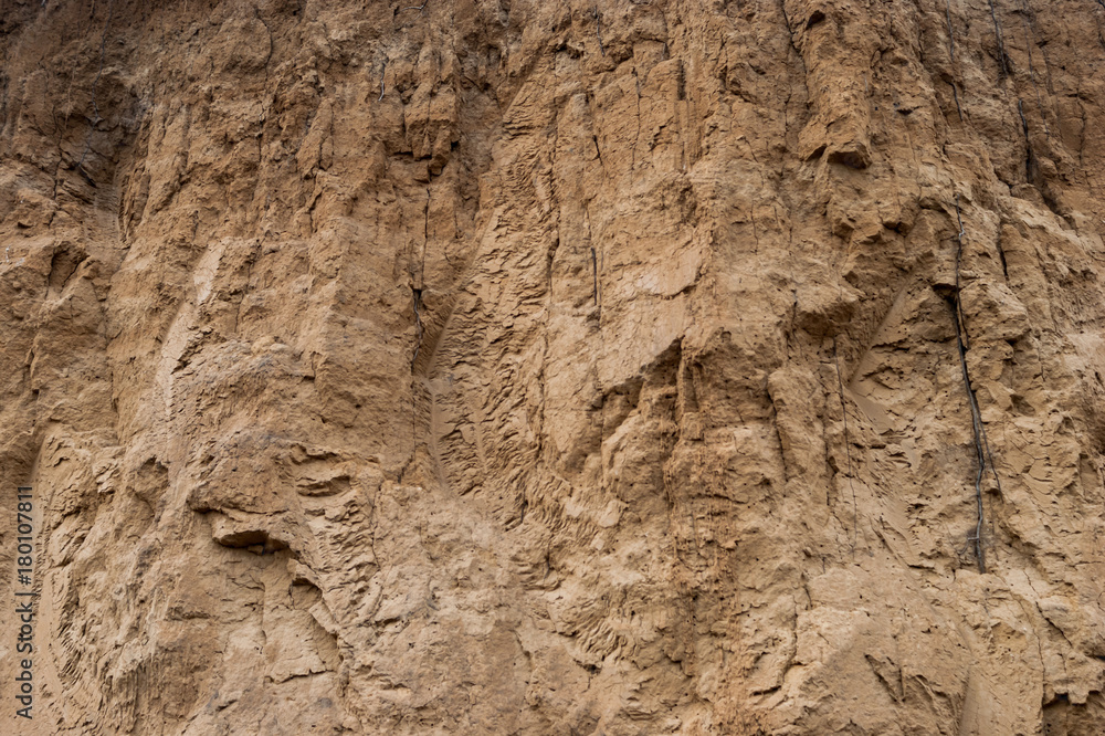 Fototapeta premium Close-up of a loamy ravine wall as an environmental texture background