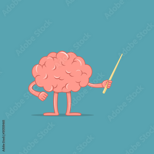 Cartoon brain holds a pointer. Isolated character of brain shows something. Concept of training. Vector illustration.