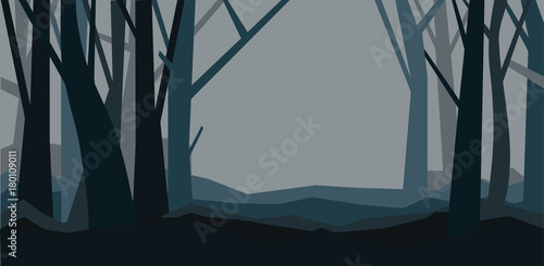 Forest without leaves in the dusk. Misty landscape. Cartoon horisontal vector illustration of a night forest in fog.