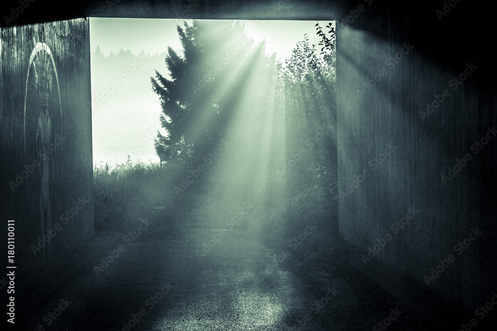 Sonne strahlt durch die Nebelschwaden am Ende eines Tunnels Sonne strahlt durch die Nebelschwaden am Ende eines Tunnels