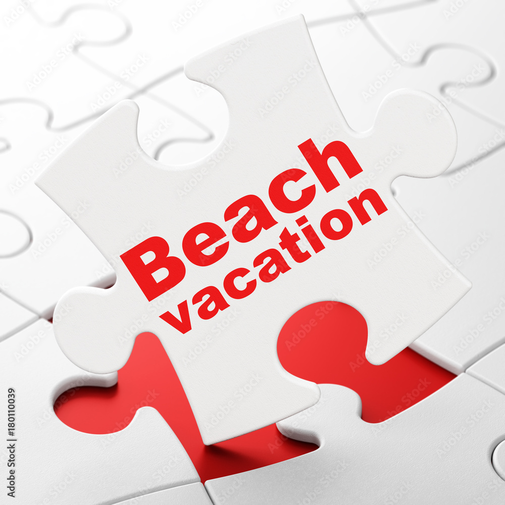 Vacation concept: Beach Vacation on White puzzle pieces background, 3D rendering Vacation concept: Beach Vacation on White puzzle pieces background, 3D rendering