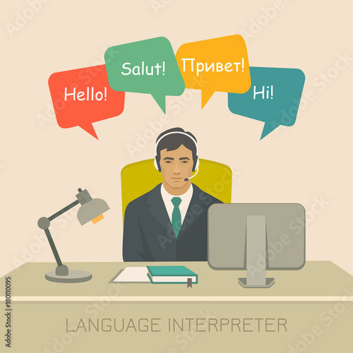   Office worker man behind the a work desk and computer. Vector illustration of a flat design.