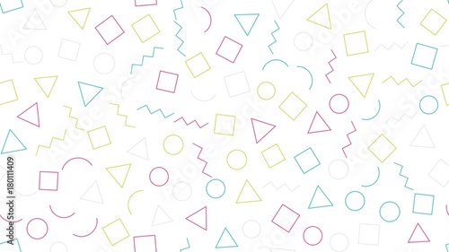 Memphis seamless geometric pattern with white background. Vector repeating texture.