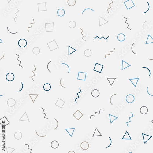 Memphis seamless geometric pattern with gray background with different shapes. Vector repeating texture.