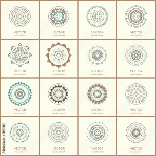 Collection of 16 round ornaments. Hand drawn background. Vector illustration. photo