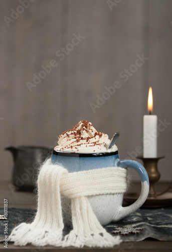 Mug Of Hot Chocolate. Burning Candle. Christmas Decorations. Natural Wool Scarf.