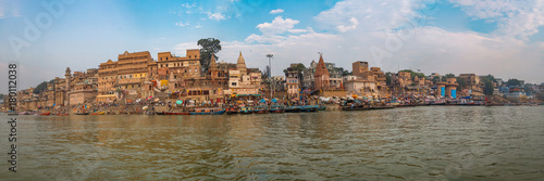 Varanasi city Ganges river ghat panoramic view.