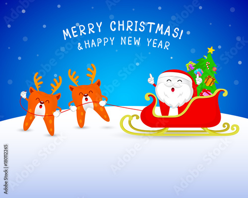 Cute cartoon tooth Santa Claus with reindeer and sleigh. Merry Christmas and happy new year. Illustration on blue background.