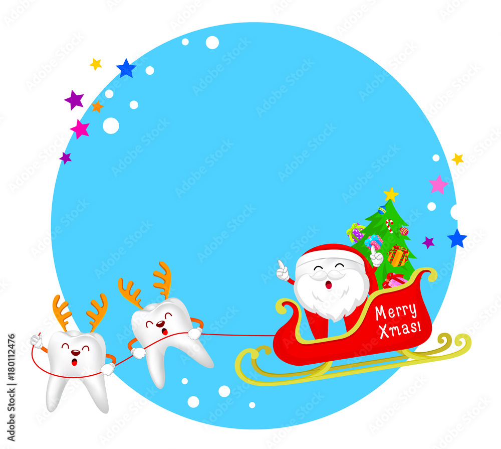 Cute cartoon tooth characters of Santa Claus with reindeer and sleigh. Circle Christmas frame. Merry Christmas concept, illustration. Stock Vector | Adobe Stock Cute cartoon tooth characters of Santa Claus with reindeer and sleigh. Circle Christmas frame. Merry Christmas concept, illustration. Stock Vector | Adobe Stock