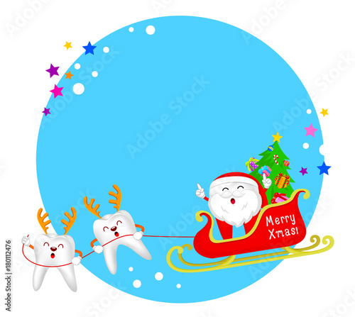 Cute cartoon tooth characters of Santa Claus with reindeer and sleigh. Circle Christmas frame. Merry Christmas concept, illustration.