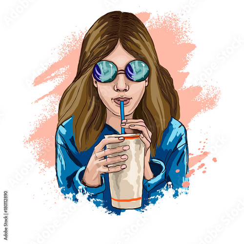 Young girl in sunglasses. Holds paper cup for coffee. Girl drinking through a straw. Closeup portrait of. Hand drawn sketch. Vector illustration.