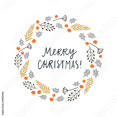 Merry Christmas greeting card. Plants laurel. Vector hand drawn illustration