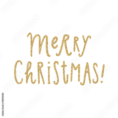 Merry Christmas. Hand drawn lettering with gold glitter effect. Vector illustration isolated on white