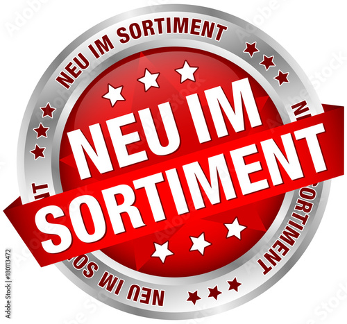 Button Banner "Neu im Sortiment" rot/silber