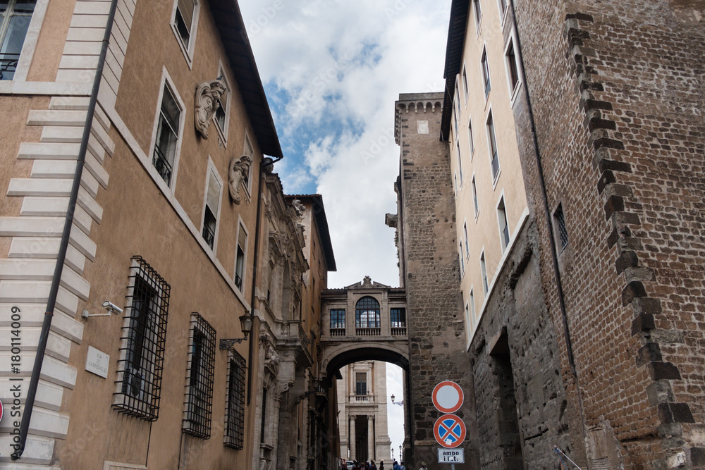 Foreshortening of a narrow street in Rome, Italy