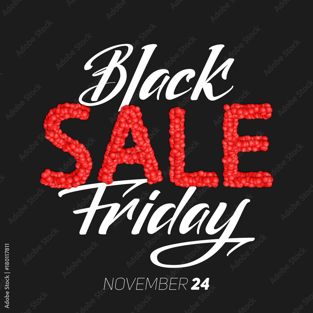 Black Friday Sale vector illustration. With handwritten Black Friday text. Sale constructed of abstract red spheres. Conceptual advertising design on dark background Luxury sale card mockup, template