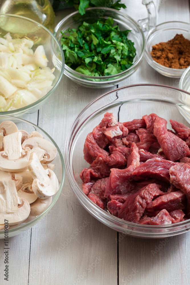 Beef and other ingredients ready to cooking beef Stroganoff Beef and other ingredients ready to cooking beef Stroganoff