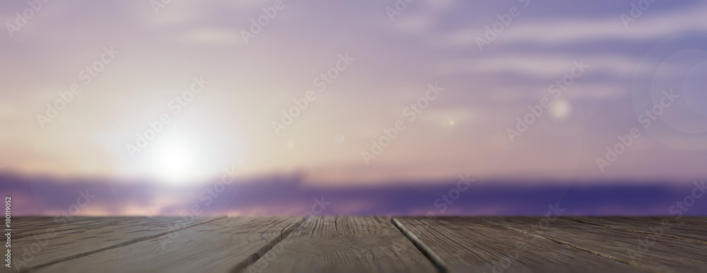 Wooden floor and sky background at sunset. 3d illustration