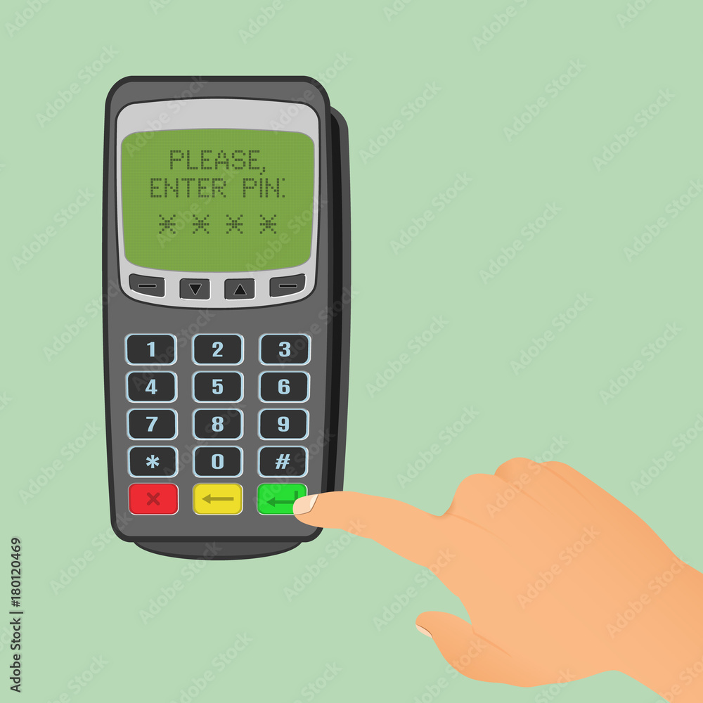 Wireless payment concept. Pos terminal is waiting for entering pin code and human hand press a green button. Wireless payment concept. Pos terminal is waiting for entering pin code and human hand press a green button.