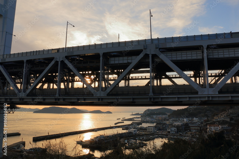 Shimotsui Harbor and Seto Ohashi Bridge in Sunset