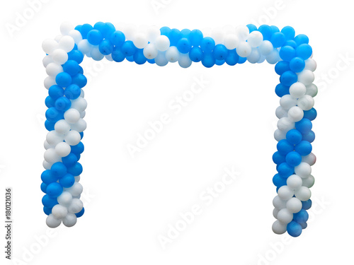 Colorful arch of white and blue balloons isolated over background
