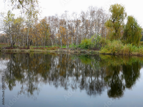 Autumn landscape with colorful forest  lake and reflectio