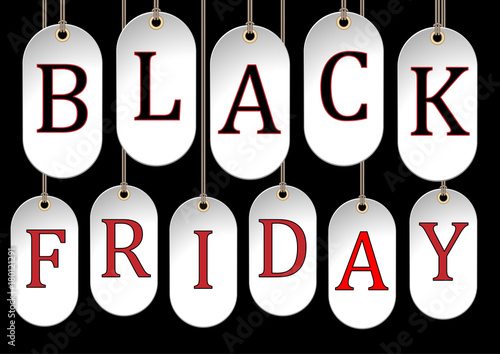 black friday poster made with tags hanging with black and red letters isolated on black background
