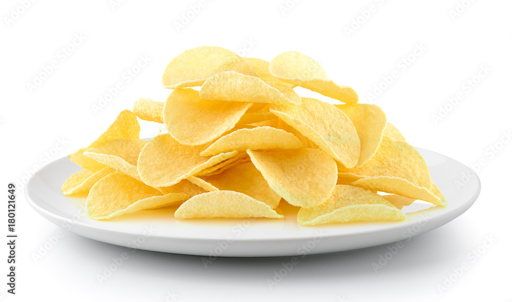 Potato chips in a plate isolated on a white background Potato chips in a plate isolated on a white background