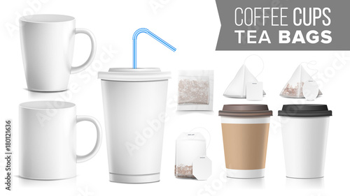 Take-out Various Ocher Paper Cups, Tea Bags Mock Up Vector. Plastic And Ceramic. Big Small Coffee Cup. Cola, Soft Drinks Cup Template. Tube Straw. 3D Cardboard Object. Isolated Illustration