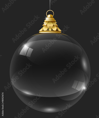 Transparent glass garland or crystal ball. Christmas bauble on the gold suspension. Vector graphics. New year decoration for Christmas tree