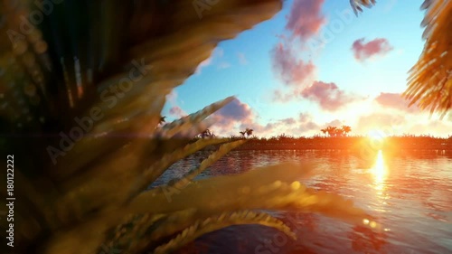 Palms island at sunset with aircraft passing, panning