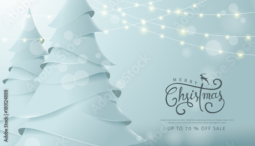 Merry Christmas and Happy New Year sale banner background with paper art and craft style.Glowing lights for Xmas Holiday.Calligraphy.Vector illustration template.greeting cards.