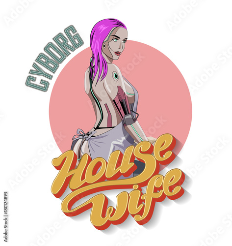 Cyborg Housewife. Cute Female Robot Cooking on the kitchen. Vector Illustration