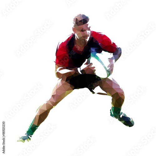 Low poly rugby player running with ball, abstract vector illustration