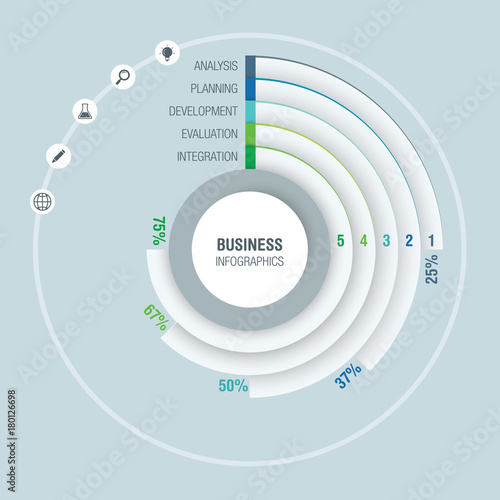 Colorful business infographics, radial chart, diagram with 5 percentages. Vector illustration business template