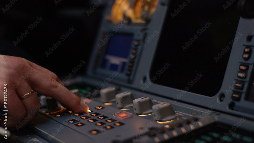 Autopilot control element of an airliner. Panel of switches on an