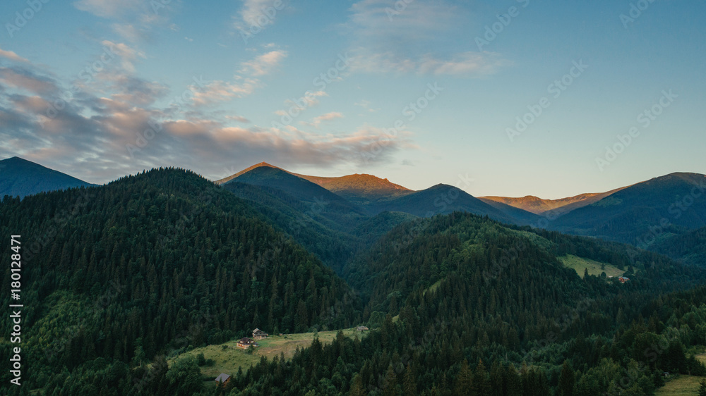 Carpathian mountains shot from drone at sunset