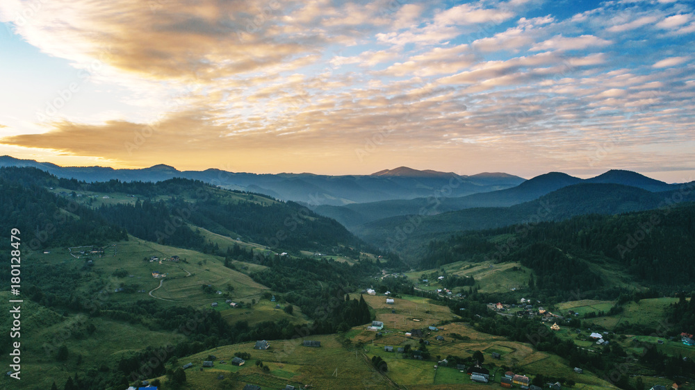 Fototapeta premium Carpathian mountains shot from drone at sunset