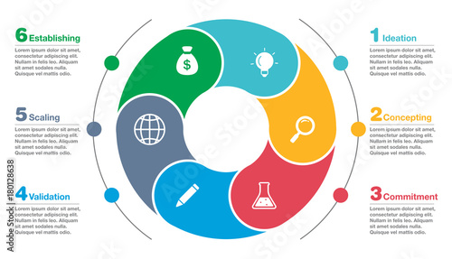 Colorful business infographic diagram with icons, graph, presentation, chart. Circular business concept infographics with 6 segments. Vector illustration template