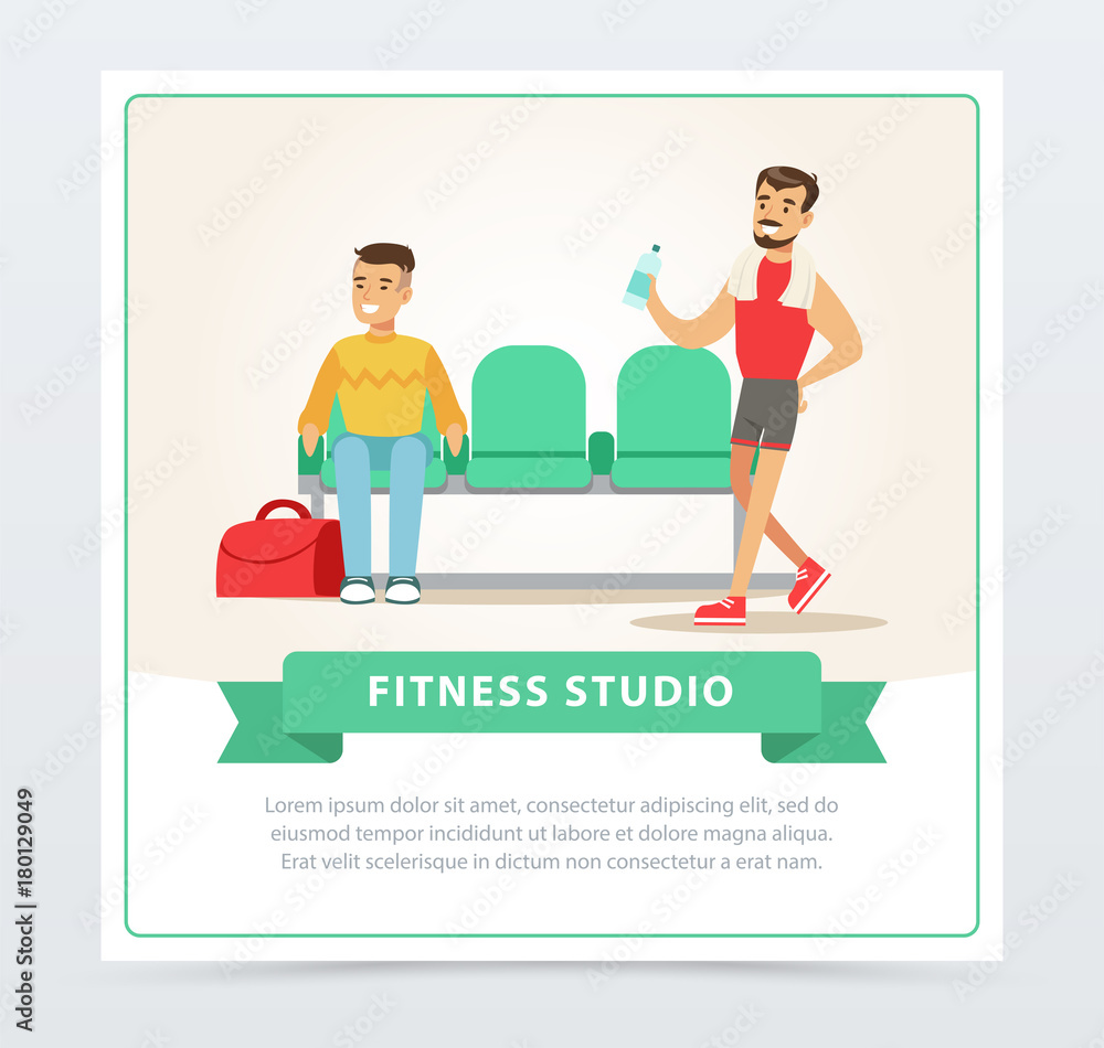Young men going to training, gym interior, fitness studio banner flat vector element for website or mobile app