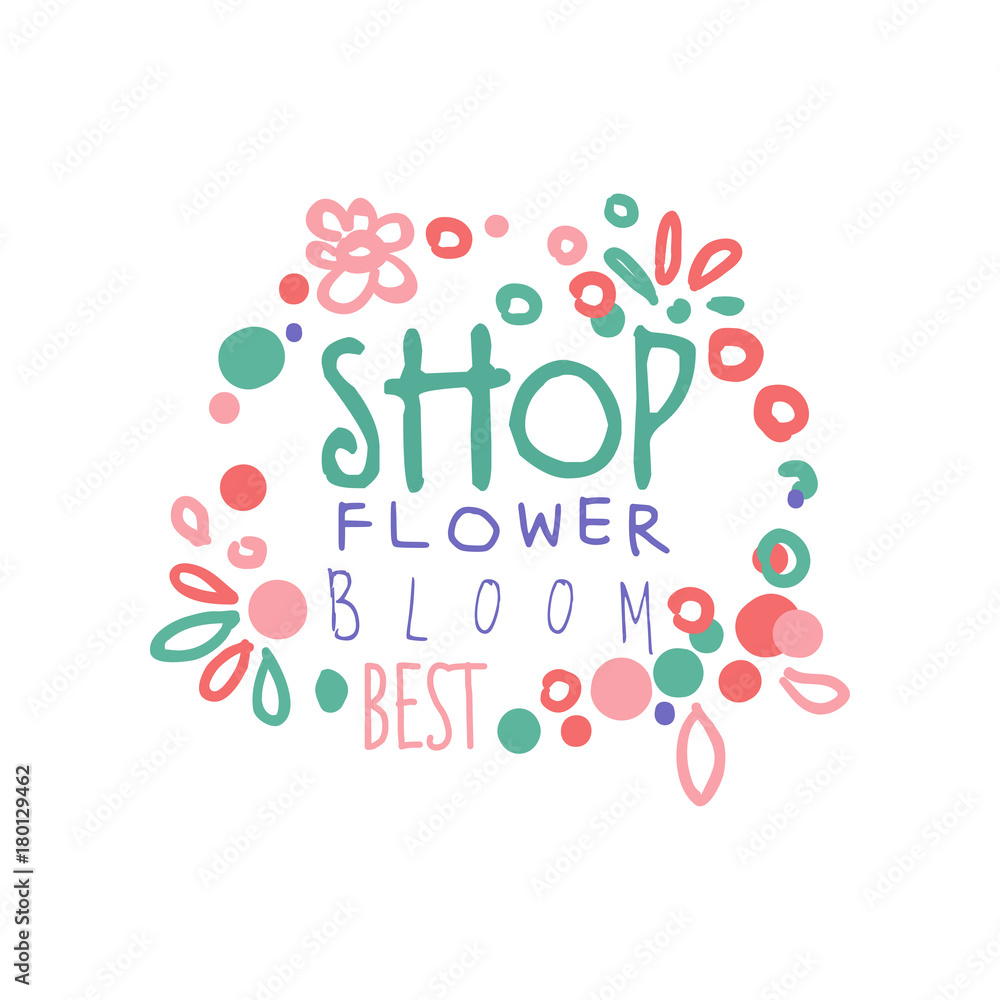 Shop flower bloom logo template, element for floral boutique, store, flyer, card, banner colorful hand drawn