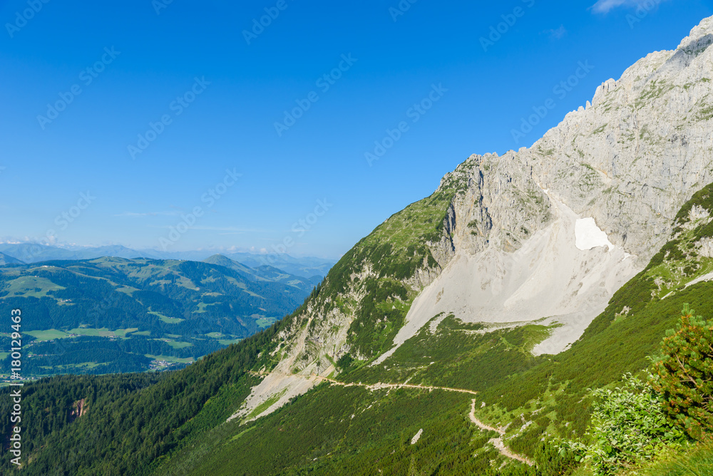 Obraz premium View from Gruttenhuette, an alpine hut on Wilder Kaiser mountains, Going, Tyrol, Austria - Hiking in the Alps of Europe