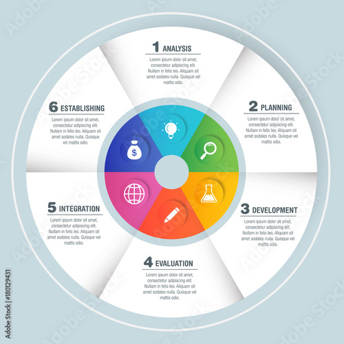 Colorful bright business infographics, radial chart, diagram with 6 segments. Vector illustration business template